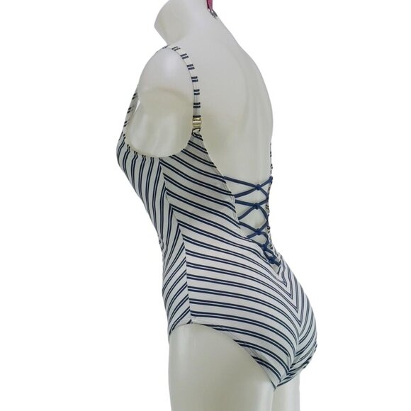 BLEU ROD BEATTIE Women's Swimsuit 1 Pc Nylon Striped Blue White Open Back Size 4 - Picture 3 of 10